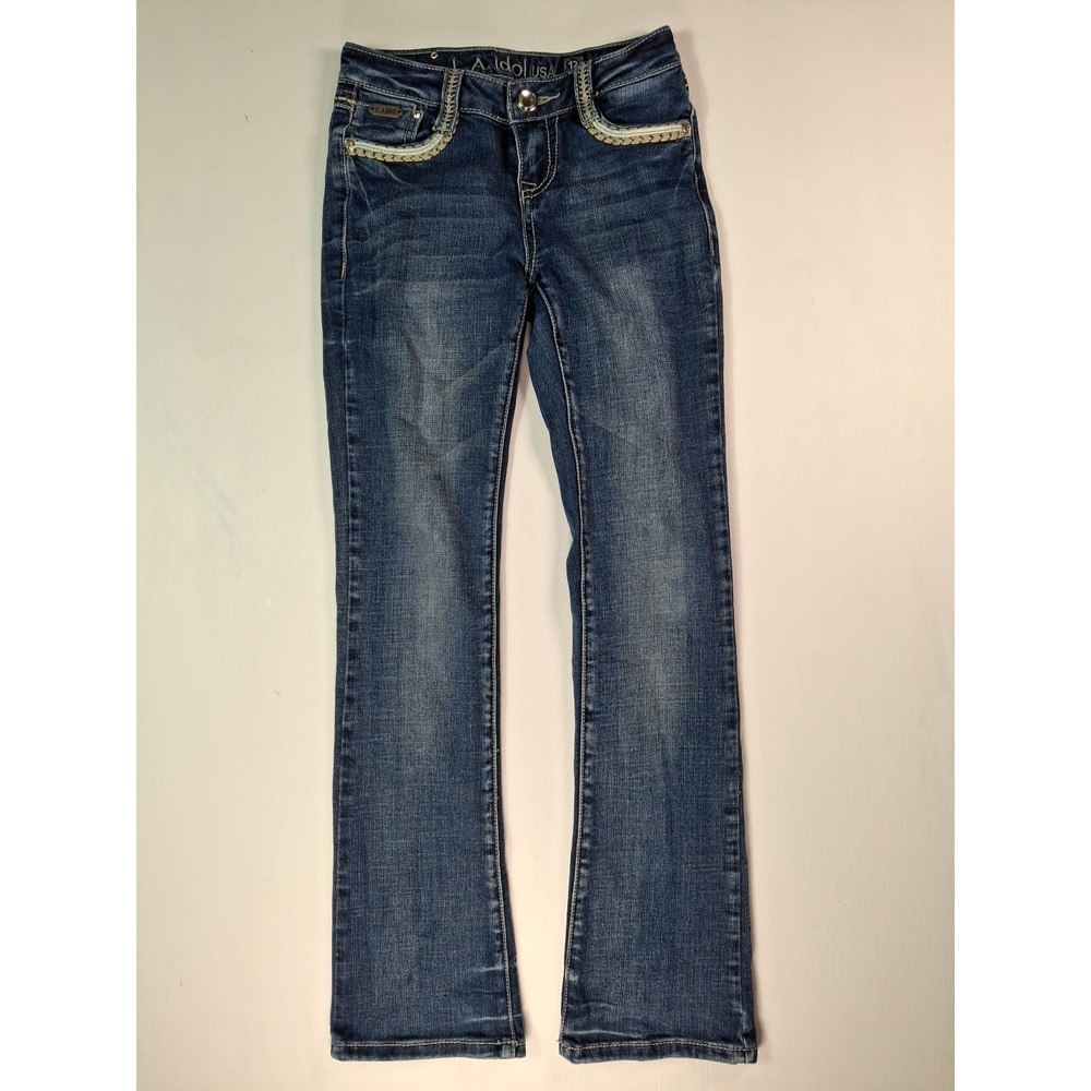 LA Idol USA Girls Bootcut Jeans Blue Denim Embellished Flap Pocket Sz 12 W24 L28